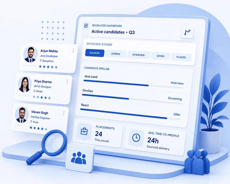 Recruiter dashboard with candidate pipeline, interview stages, and hiring analytics